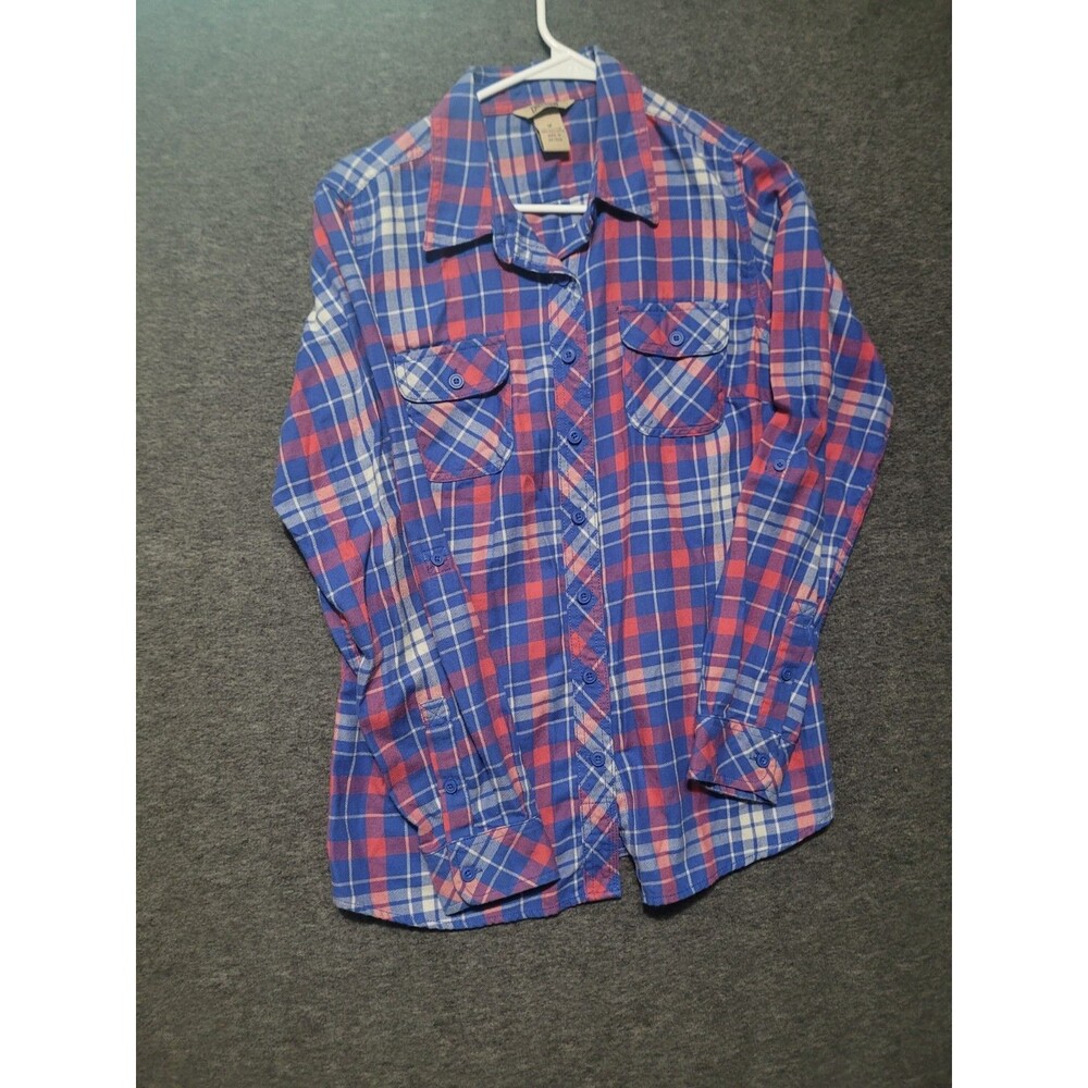Duluth Trading Medium flannel button front plaid pockets stretch blue red